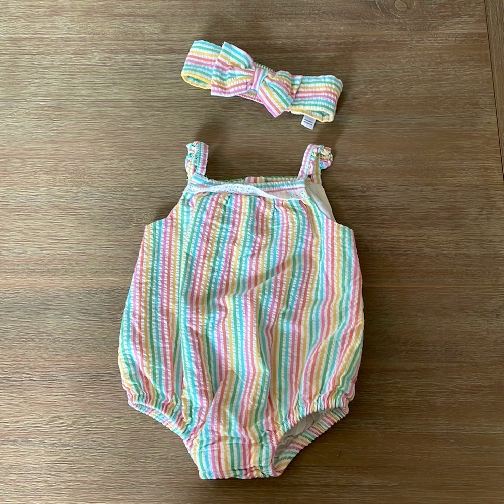 little me | 6-9 mos | rainbow stripe romper with matching headband